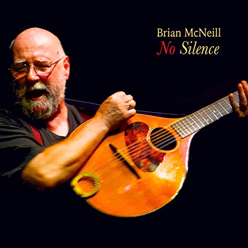 Man with glasses plays a mandolin-like instrument on a black background, album cover.