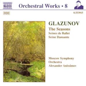 A CD cover featuring a serene forest stream painting and text about Glazunov's orchestral work.