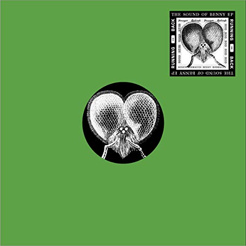 Vinyl record cover with green background and black-and-white insect illustration.