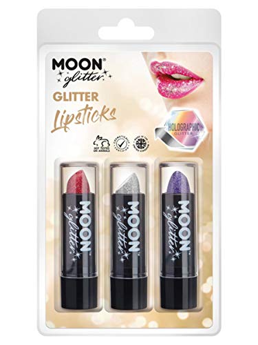 "Three holographic glitter lipsticks in red, silver, and purple shades, packaged together."