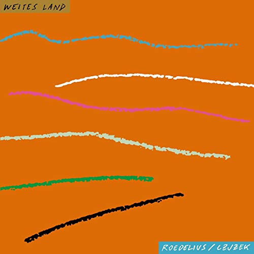 "Album cover with orange background, featuring colorful, wavy lines and artist names."