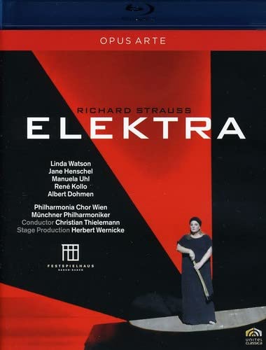 Blu-ray cover for Strauss’ opera *Elektra*, featuring a singer in black dress.