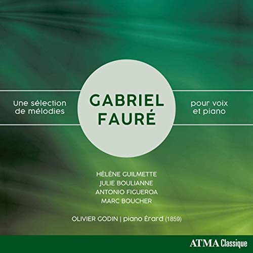 "Album cover with green background, white circle, and text 'Gabriel Faure' in green."