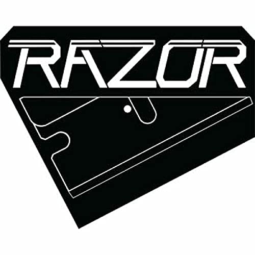 Black and white image of “Razor” text above a gun outline.