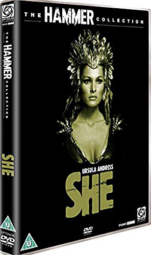 DVD cover for "She" featuring Ursula Andress in golden headdress.