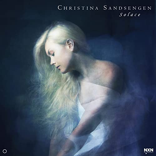 Album cover of Solace featuring a blonde woman in white amidst blue mist.