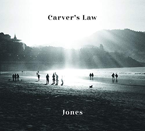"Album cover with a black-and-white beach scene, people walking, and 'Jones' and 'Carver's Law' text."