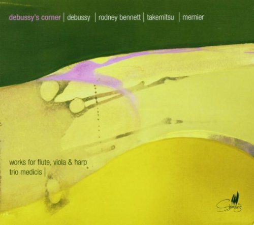 "CD cover with yellow abstract design, text listing artists and musical works."