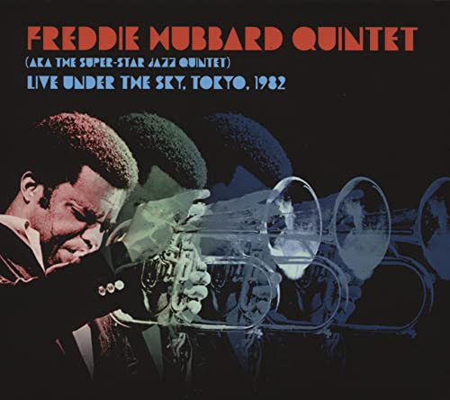 Freddie Hubbard playing trumpet on album cover, dark background, 1982.