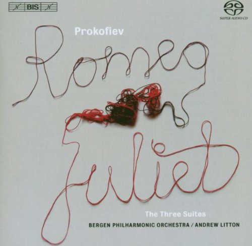"Album cover with 'Romeo and Juliet' written in red cursive, minimalist design."