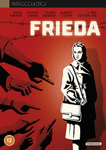 Frieda" DVD cover: woman in coat, hands pointing, red and black design.