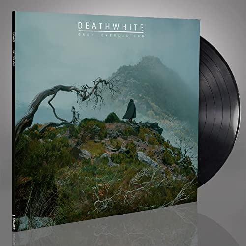 Deathwhite "Grey Everlasting" vinyl record with a misty mountain landscape.