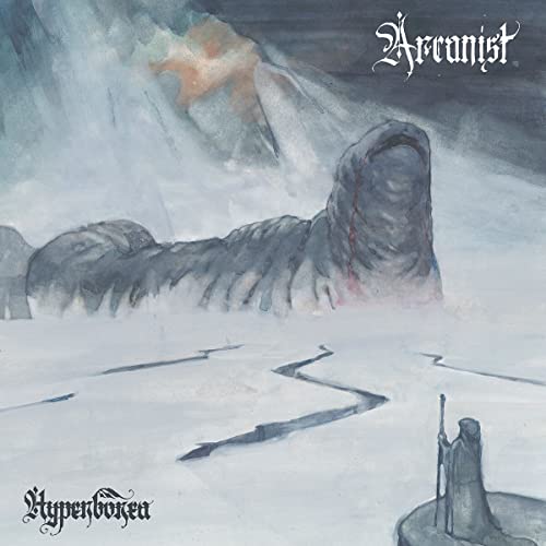 Dark, wintry landscape with a figure and mountainous shapes, album cover.
