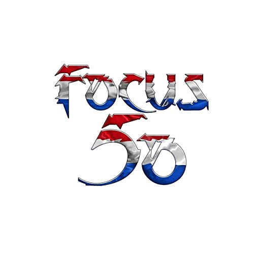"Album cover with 'Focus 50' in red, white, and blue metallic text on a white background."