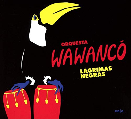 "CD cover with cartoon toucan and drums, red, yellow, and blue on black background."