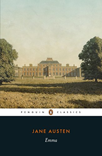 "Book cover of Jane Austen's 'Emma' featuring a stately home surrounded by trees."