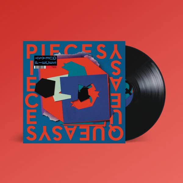 Vinyl record cover featuring abstract shapes and the text Queasy Pieces on red background.