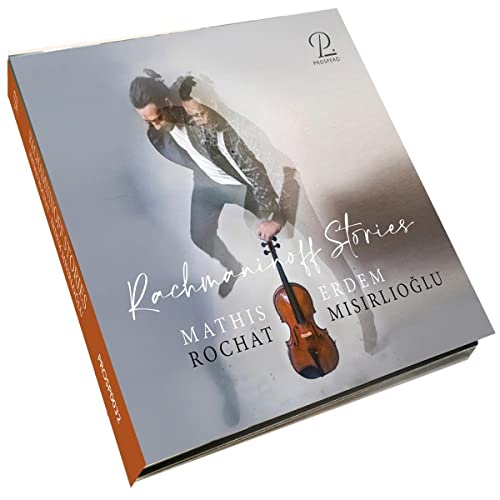 CD cover for “Rachmaninoff Stories” featuring a cellist and musician.