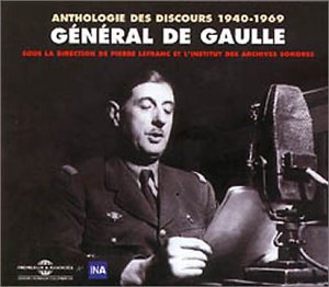 Charles de Gaulle speaking into a vintage microphone, CD cover art.