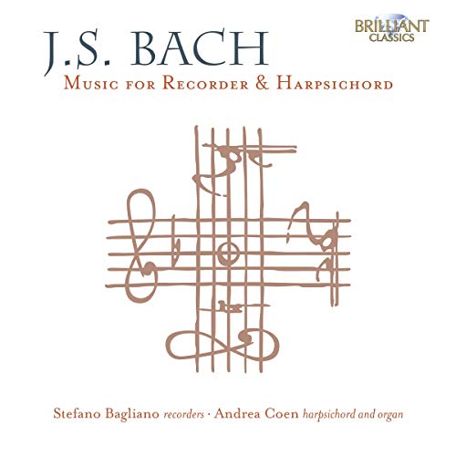 "CD cover with brown musical notes on white background, featuring J.S. Bach's name prominently."