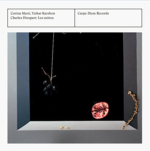 "Album cover with dark box containing fruits, against a white background."