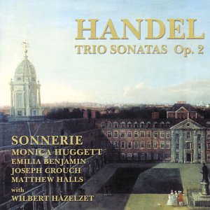 CD cover: Baroque cityscape with "Handel Trio Sonatas Op. 2" text.