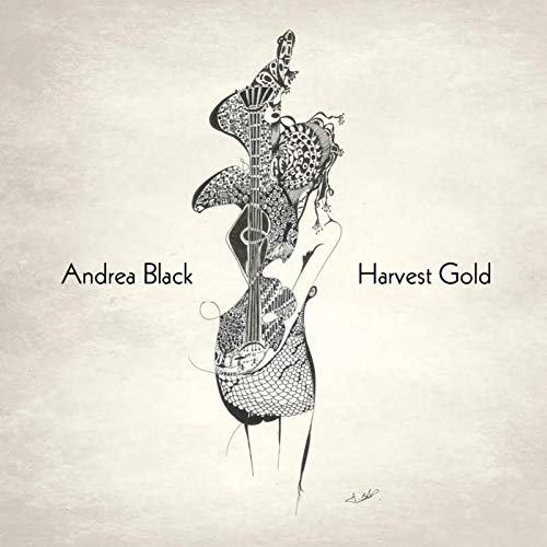 "Album cover with black and white drawing of a woman and a guitar."