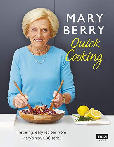 "Cookbook cover featuring Mary Berry stirring a bowl of food with wooden spoons."