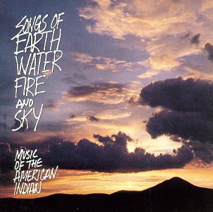 "Album cover with a sunset sky and clouds, text reads 'Songs of Earth Water Fire and Sky'."