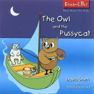 Cartoon owl and cat sail on a green boat under a crescent moon.