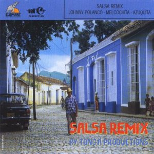 CD cover with a blue building, a car, and people on a street.