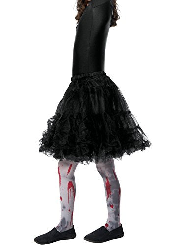 A child wears white tights with red and grey stains and a black skirt.