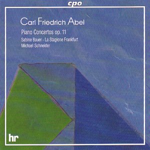 CD cover for Abel's Piano Concertos, featuring abstract blue and green shapes.