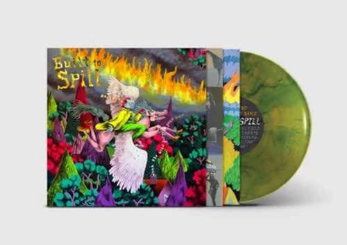 Green marble vinyl record next to its colorful, surrealist album cover art.