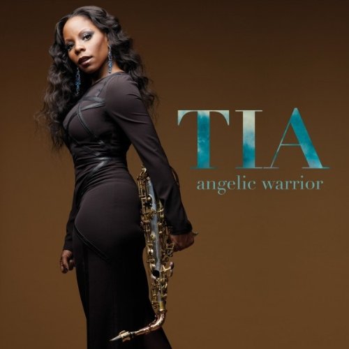 "Album cover featuring a woman in black holding a saxophone, brown background."
