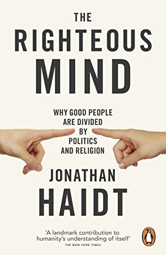 "Book cover of 'The Righteous Mind' by Jonathan Haidt, featuring two hands pointing."