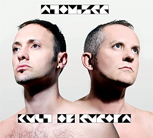 "Album cover featuring two shirtless men with geometric text overlay on a white background."