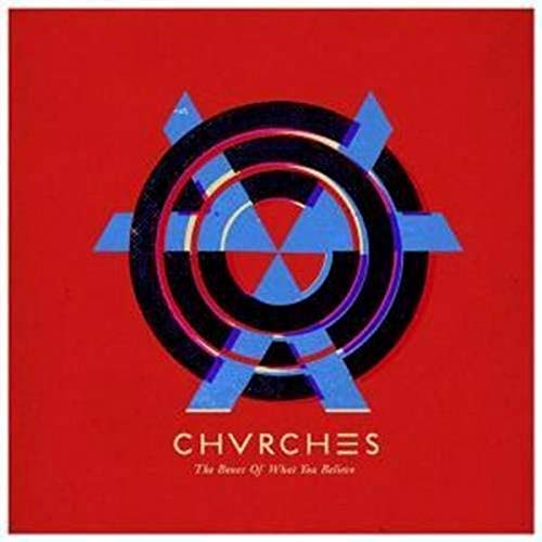 Red album cover with abstract blue and black circular design, "CHVRCHES" text.