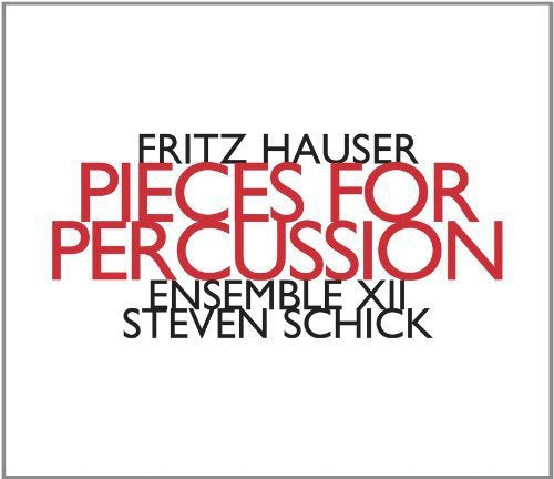"White album cover with 'Pieces for Percussion' in large red text, surrounded by smaller black text."
