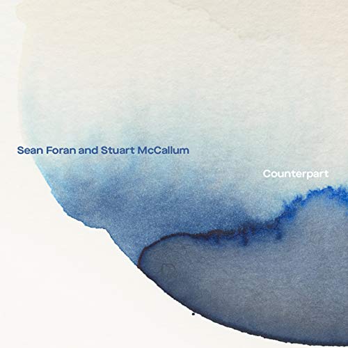 "Album cover with blue watercolor design and artist names on a white background."