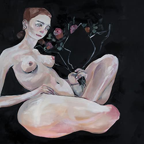Painting of a nude figure with flowers and a black shape.