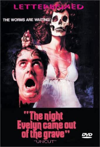 A woman with a skull face holds a severed man's head on a DVD cover.