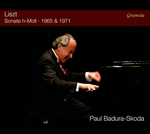 Paul Badura-Skoda playing a grand piano, album cover for Liszt’s Sonata.