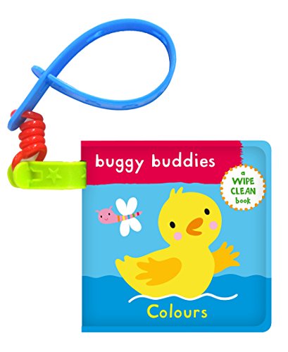 "Children's wipe-clean book with a blue cover, yellow duck, and attached blue ring."