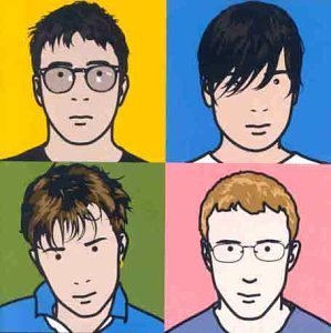 Blur band members' cartoon portraits on a quadrants background in different colors.