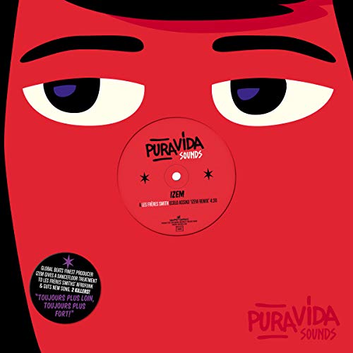 Red vinyl record sleeve with cartoon face, featuring "PURAVIDA SOUNDS" and "IZEM" labels.