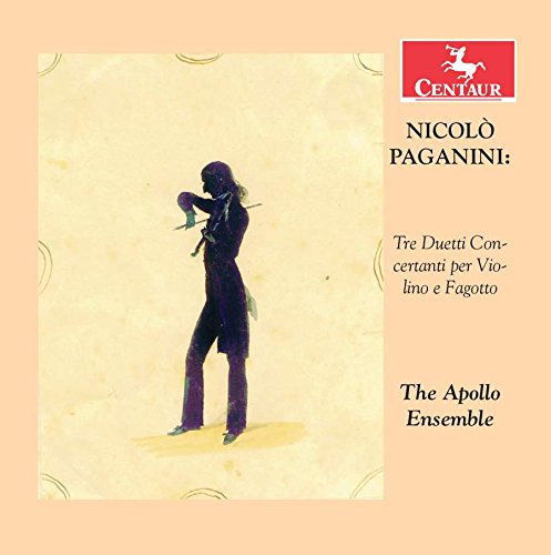 CD cover with a silhouette of a man holding a violin, peach background.