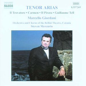CD cover: Marcello Giordani, tenor, in formal wear, with ocean backdrop.
