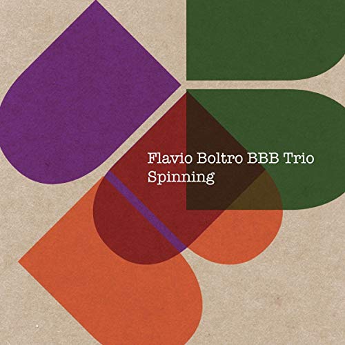 "Album cover with abstract shapes in purple, green, and orange on beige background."
