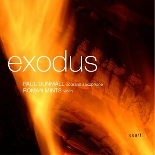 "Album cover with 'exodus' title, abstract orange and red background, white and black text."
